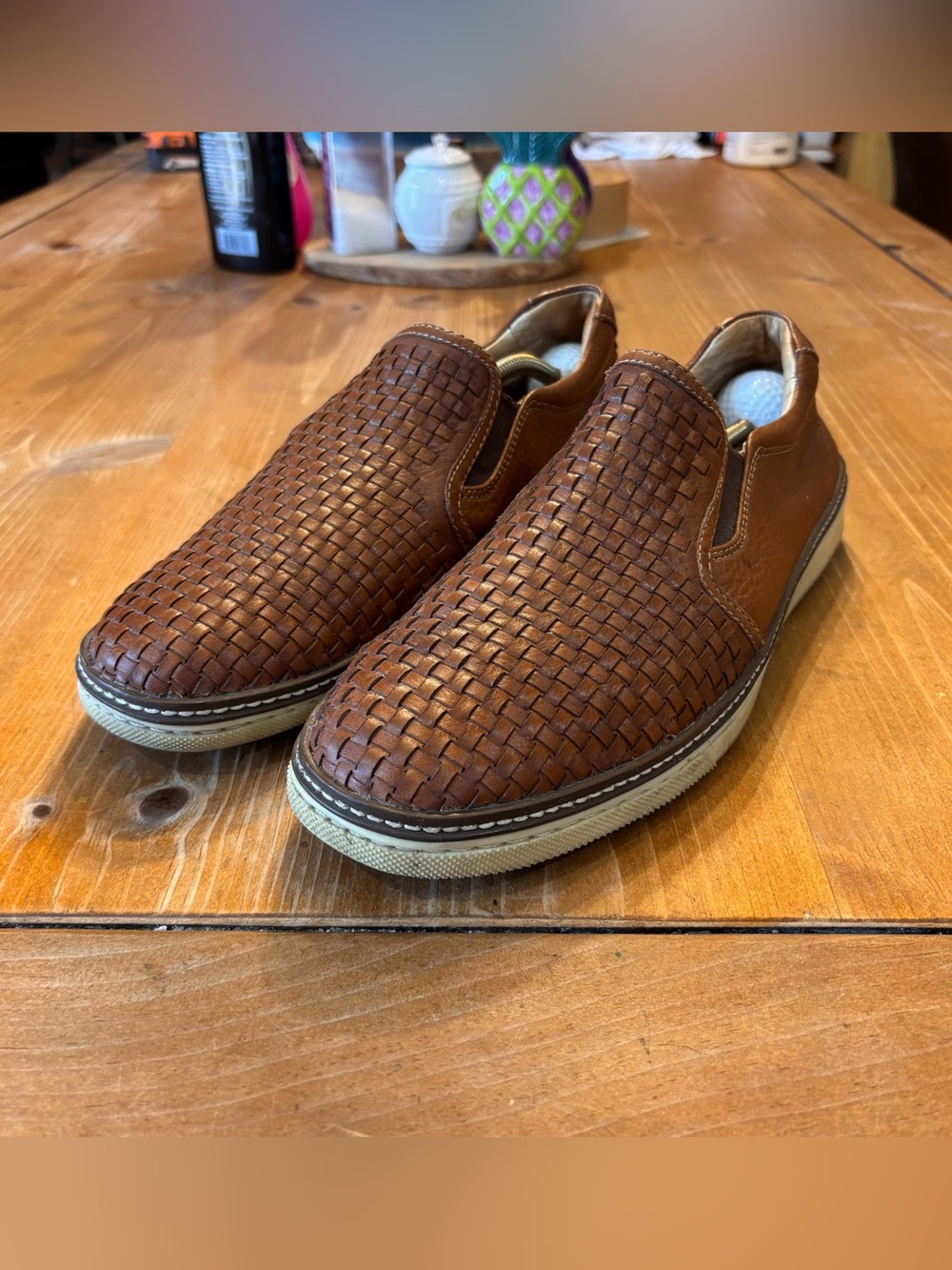 Johnston & Murphy mens McGuffy woven leather slip on shoes brown 11M